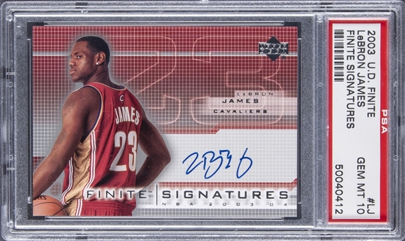 2003-04 UD Finite "Finite Signatures" #LJ LeBron James Signed Rookie Card - PSA GEM MT 10